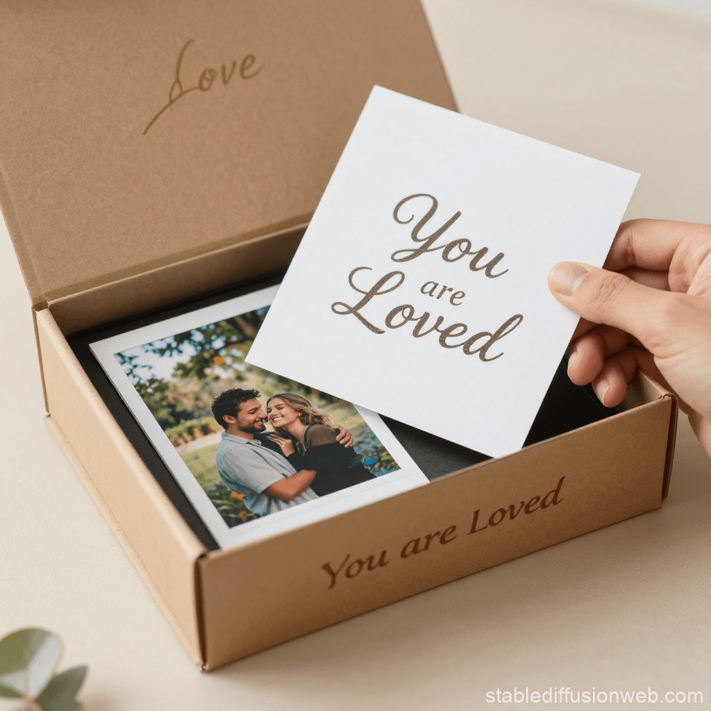 A hand lifting a 'You are Loved' card from a keepsake box